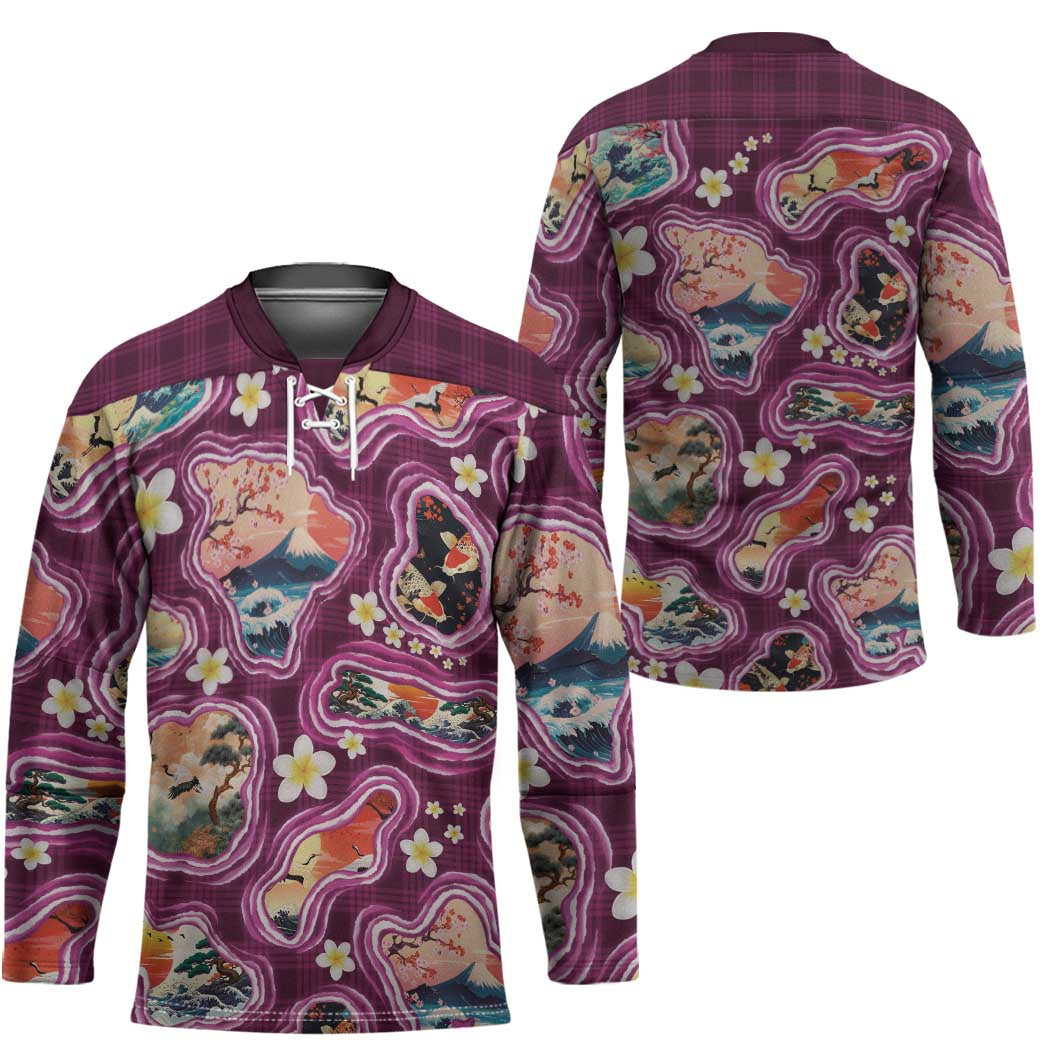 Hawaii Islands Map Design with Japanese Landscape Hockey Jersey Hawaiian Japan Fusion Art Pink Color LT03 - Polynesian Pride
