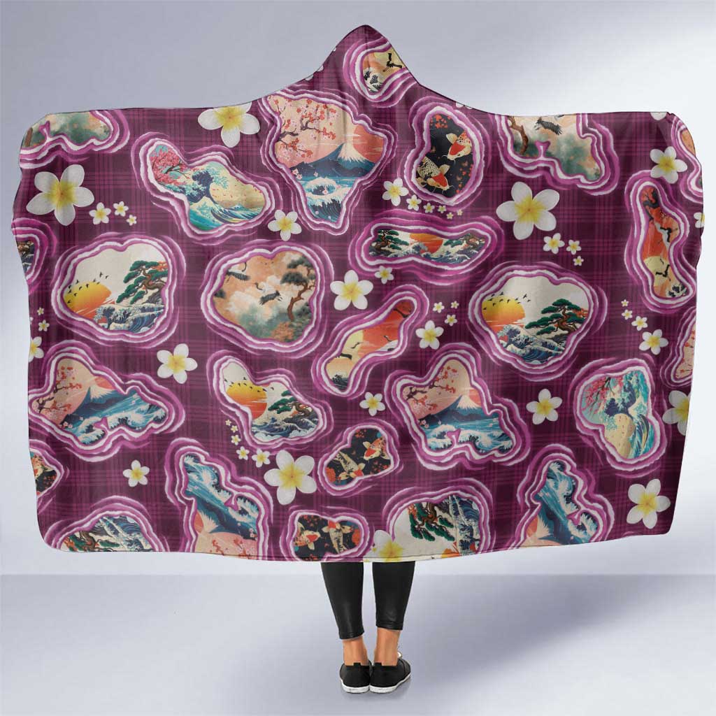 Hawaii Islands Map Design with Japanese Landscape Hooded Blanket Hawaiian Japan Fusion Art Pink Color
