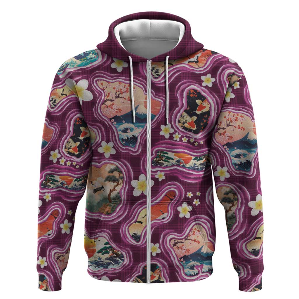Hawaii Islands Map Design with Japanese Landscape Hoodie Hawaiian Japan Fusion Art Pink Color LT03 Zip Hoodie Pink - Polynesian Pride
