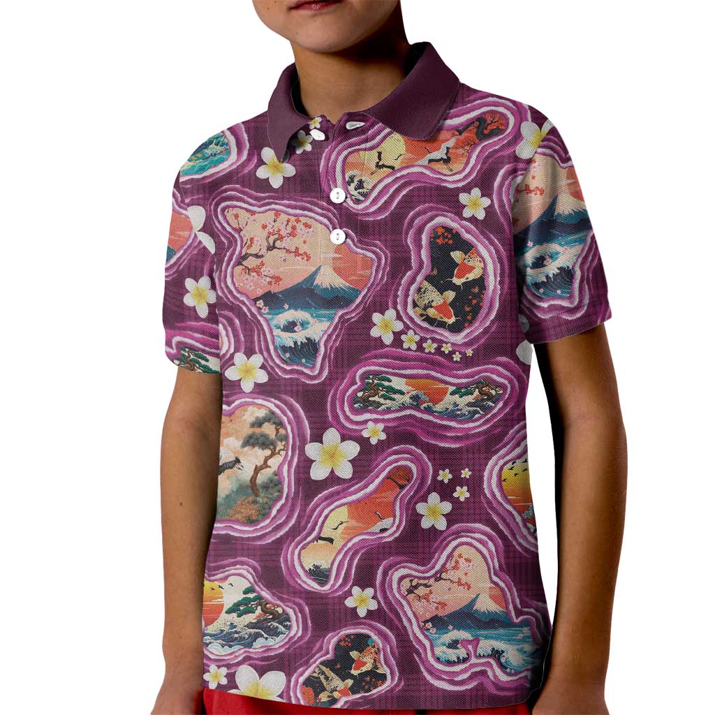 Hawaii Islands Map Design with Japanese Landscape Kid Polo Shirt Hawaiian Japan Fusion Art Pink Color