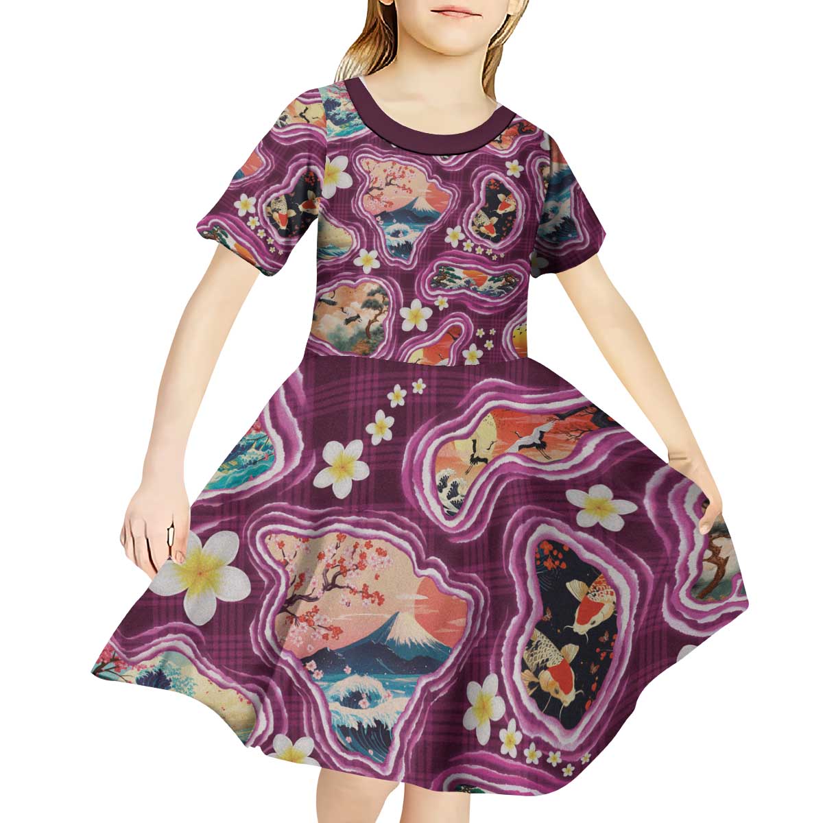 Hawaii Islands Map Design with Japanese Landscape Kid Short Sleeve Dress Hawaiian Japan Fusion Art Pink Color LT03 - Polynesian Pride