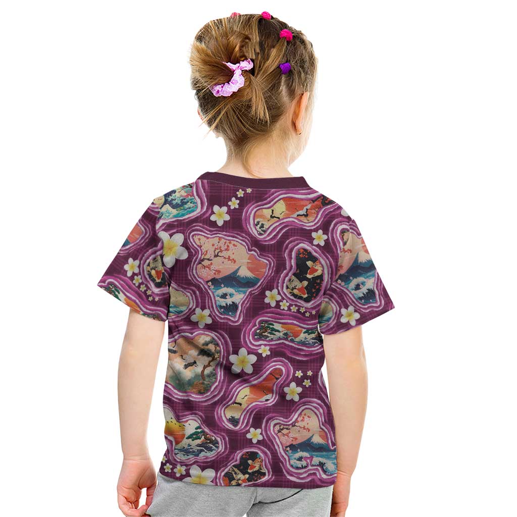 Hawaii Islands Map Design with Japanese Landscape Kid T Shirt Hawaiian Japan Fusion Art Pink Color LT03 - Polynesian Pride