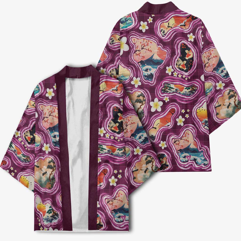 Hawaii Islands Map Design with Japanese Landscape Kimono Hawaiian Japan Fusion Art Pink Color