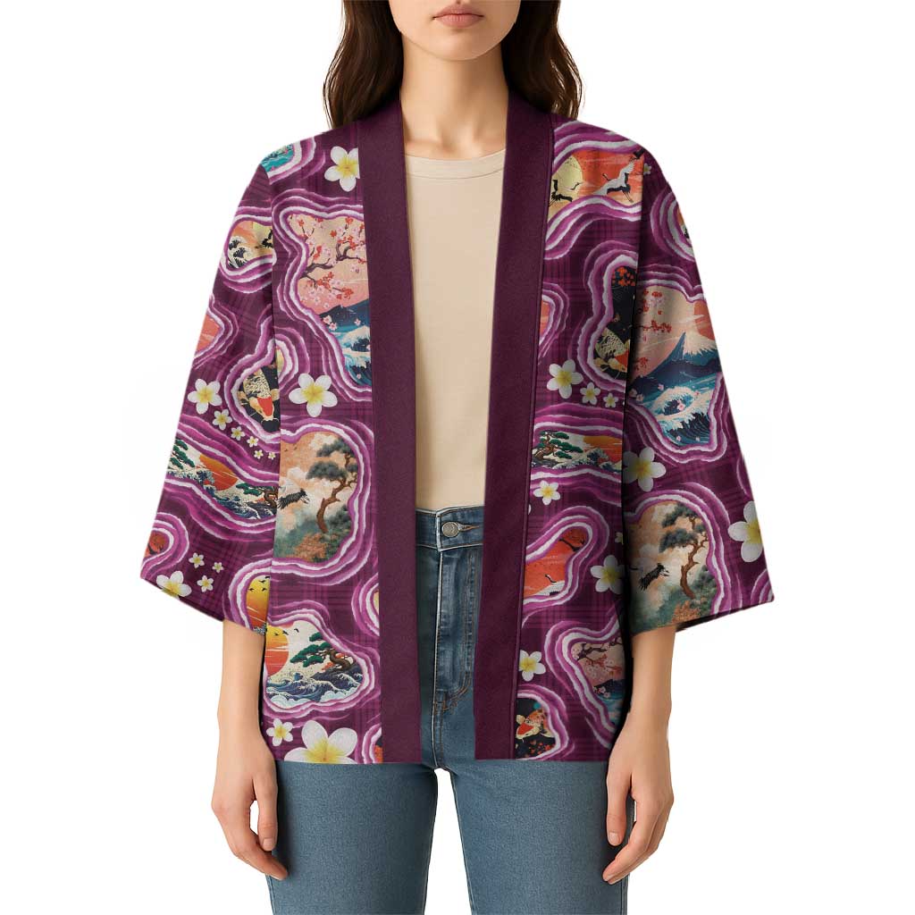 Hawaii Islands Map Design with Japanese Landscape Kimono Hawaiian Japan Fusion Art Pink Color