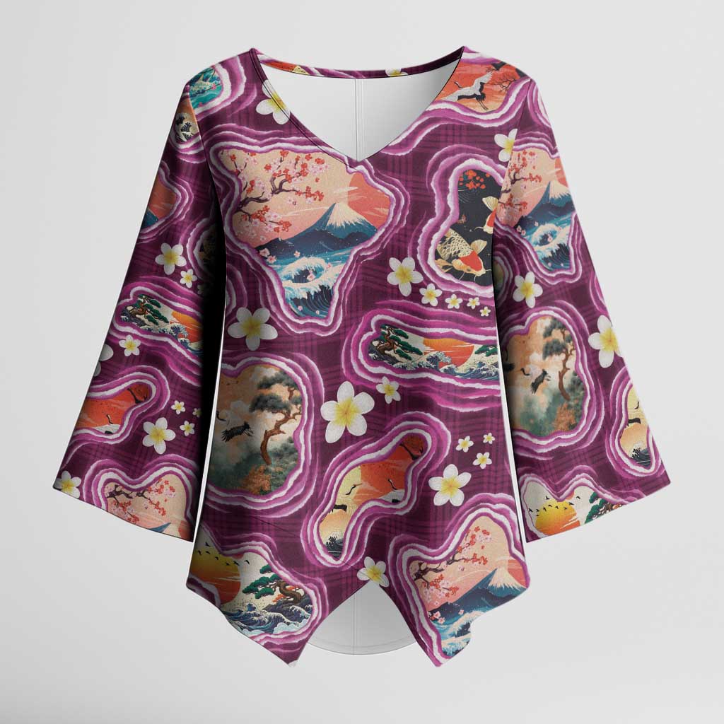 Hawaii Islands Map Design with Japanese Landscape Kimono Sleeve Blouse Hawaiian Japan Fusion Art Pink Color