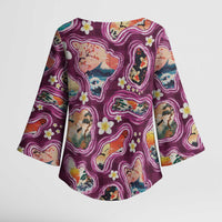 Hawaii Islands Map Design with Japanese Landscape Kimono Sleeve Blouse Hawaiian Japan Fusion Art Pink Color
