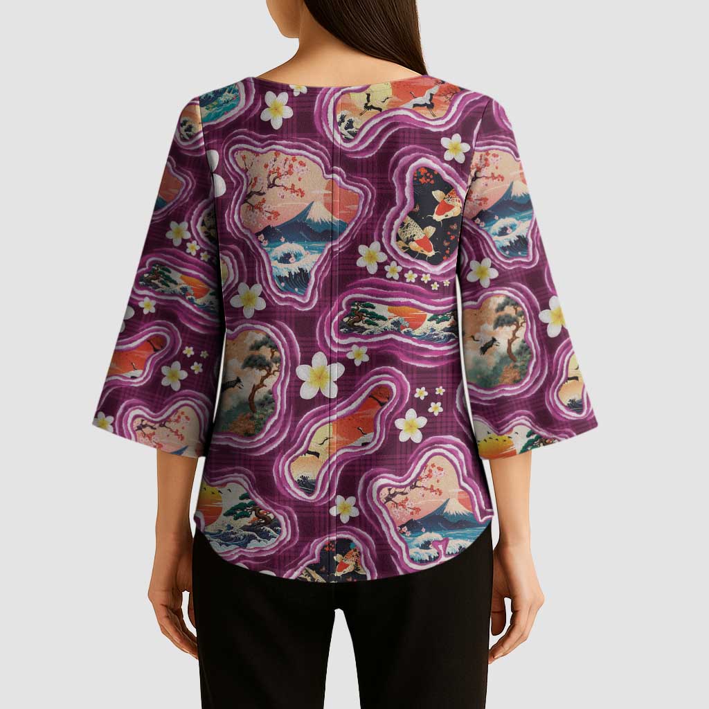 Hawaii Islands Map Design with Japanese Landscape Kimono Sleeve Blouse Hawaiian Japan Fusion Art Pink Color