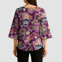 Hawaii Islands Map Design with Japanese Landscape Kimono Sleeve Blouse Hawaiian Japan Fusion Art Pink Color