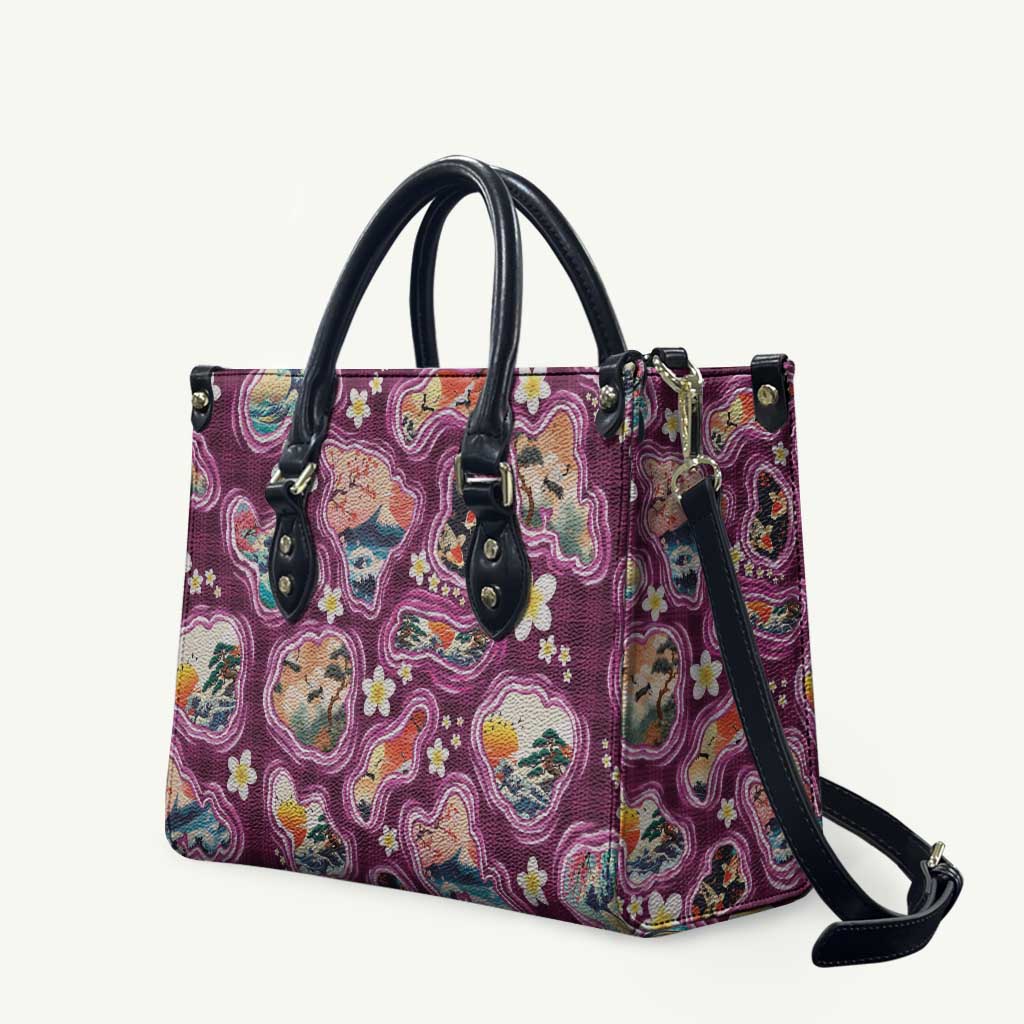 Hawaii Islands Map Design with Japanese Landscape Leather Bag Hawaiian Japan Fusion Art Pink Color