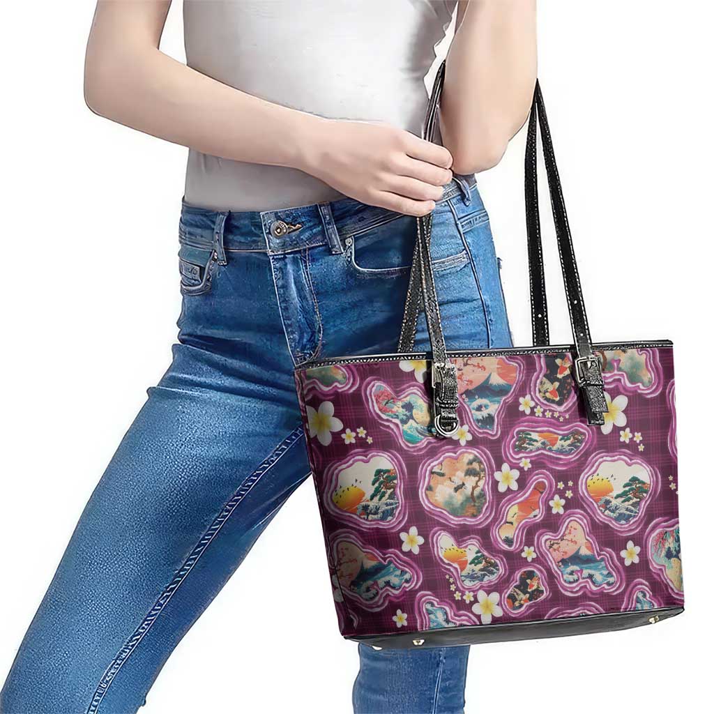 Hawaii Islands Map Design with Japanese Landscape Leather Tote Bag Hawaiian Japan Fusion Art Pink Color