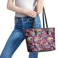Hawaii Islands Map Design with Japanese Landscape Leather Tote Bag Hawaiian Japan Fusion Art Pink Color