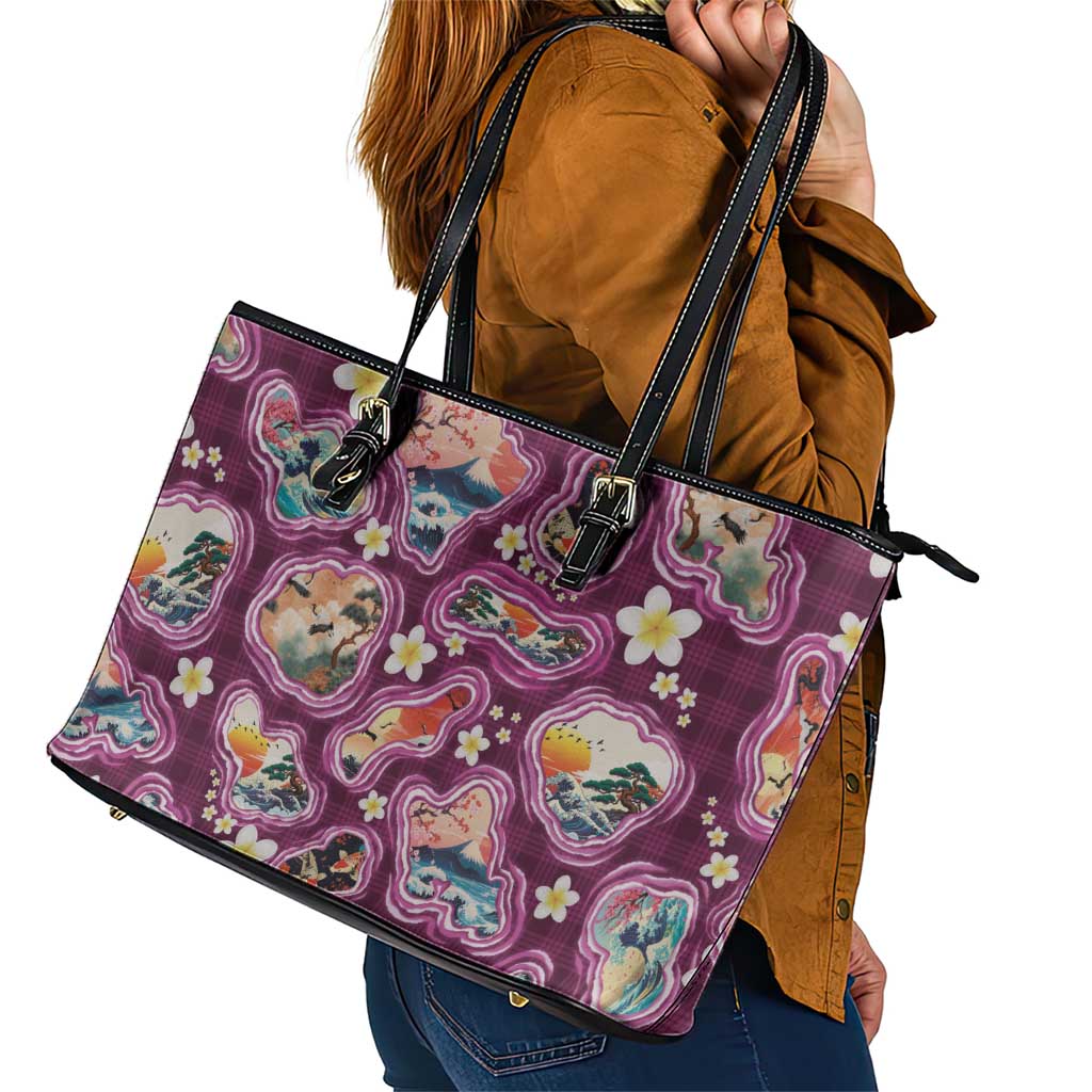 Hawaii Islands Map Design with Japanese Landscape Leather Tote Bag Hawaiian Japan Fusion Art Pink Color