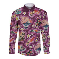 Hawaii Islands Map Design with Japanese Landscape Long Sleeve Button Shirt Hawaiian Japan Fusion Art Pink Color