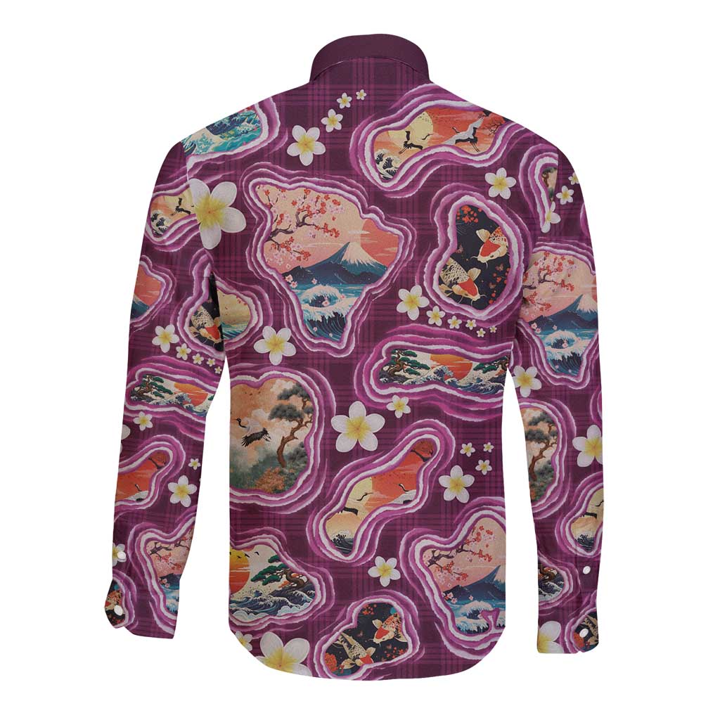Hawaii Islands Map Design with Japanese Landscape Long Sleeve Button Shirt Hawaiian Japan Fusion Art Pink Color