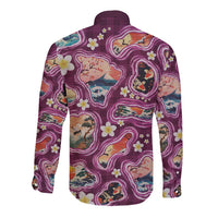 Hawaii Islands Map Design with Japanese Landscape Long Sleeve Button Shirt Hawaiian Japan Fusion Art Pink Color