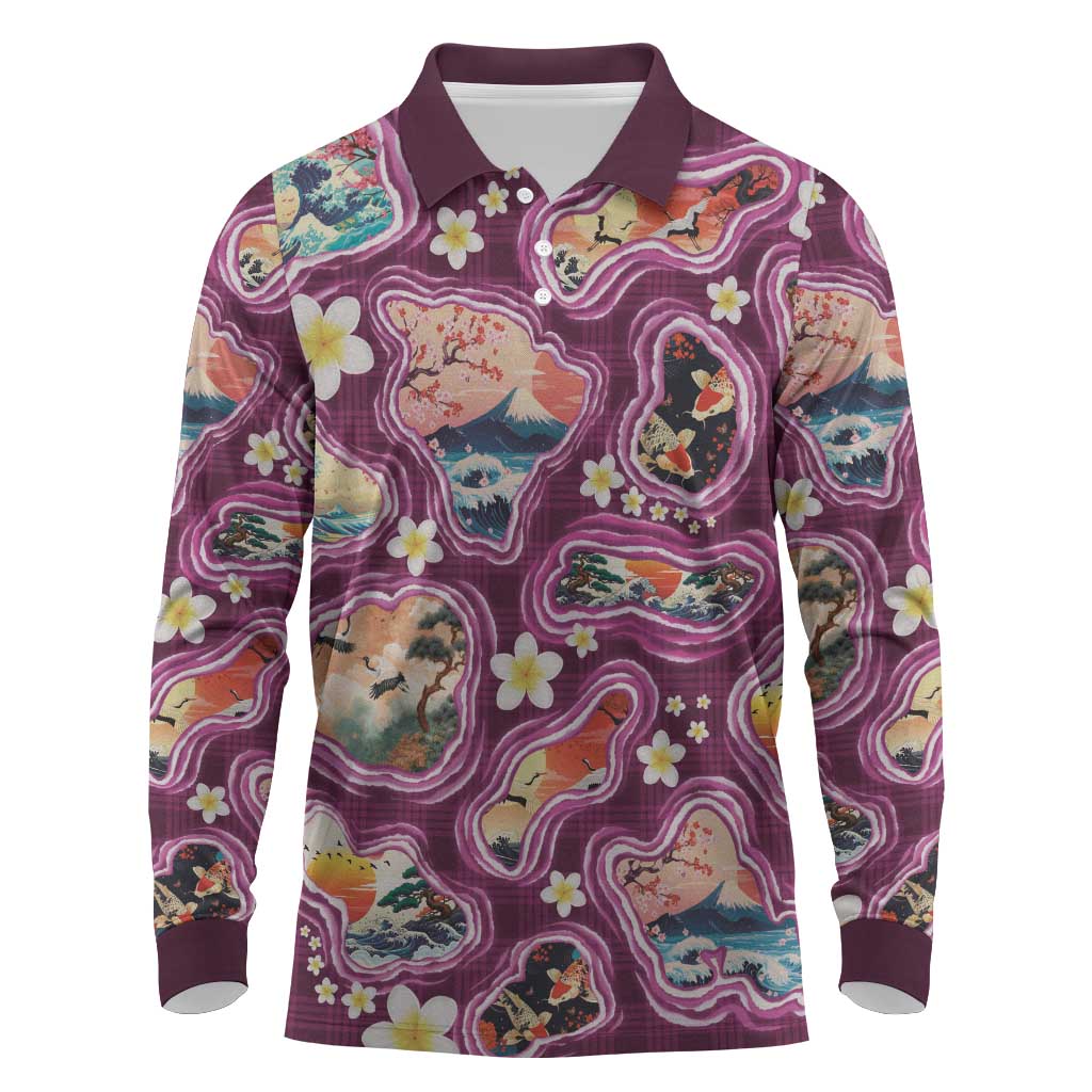 Hawaii Islands Map Design with Japanese Landscape Long Sleeve Polo Shirt Hawaiian Japan Fusion Art Pink Color