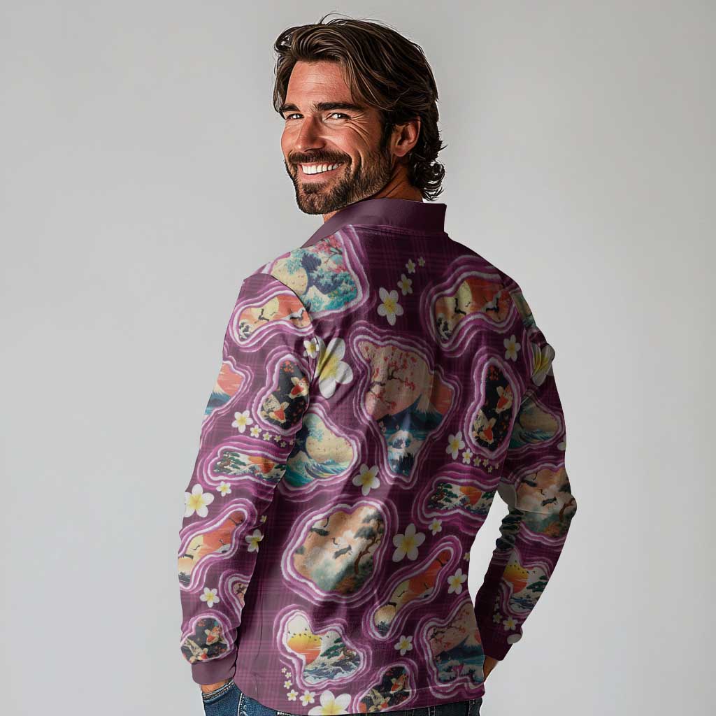 Hawaii Islands Map Design with Japanese Landscape Long Sleeve Polo Shirt Hawaiian Japan Fusion Art Pink Color