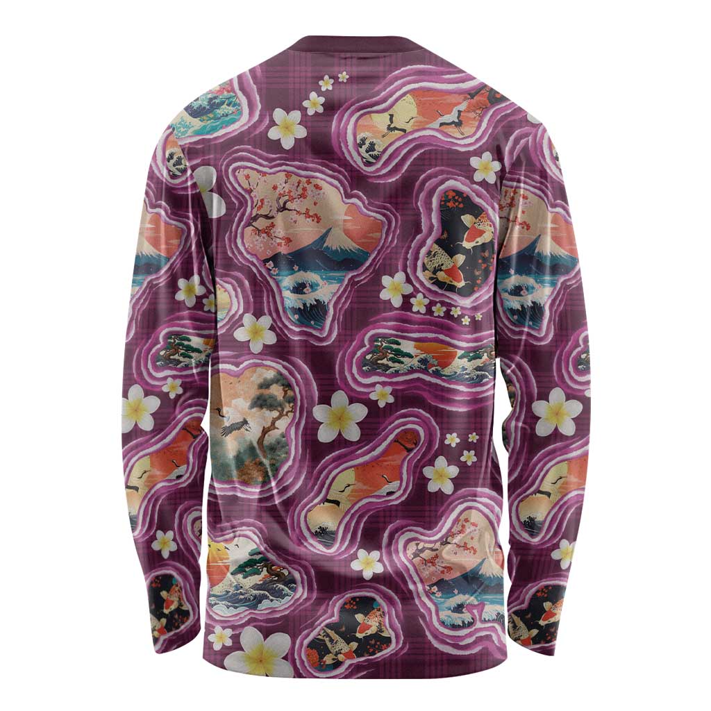 Hawaii Islands Map Design with Japanese Landscape Long Sleeve Shirt Hawaiian Japan Fusion Art Pink Color