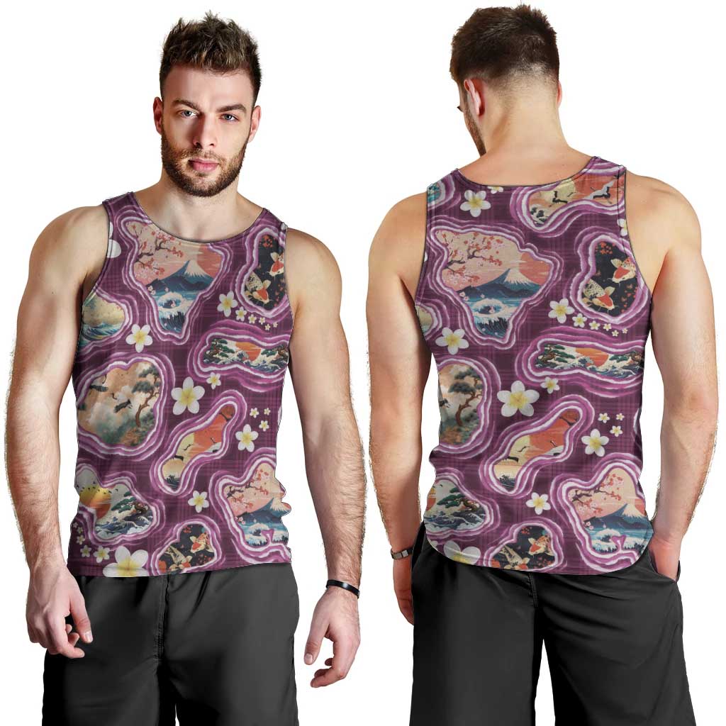 Hawaii Islands Map Design with Japanese Landscape Men Tank Top Hawaiian Japan Fusion Art Pink Color