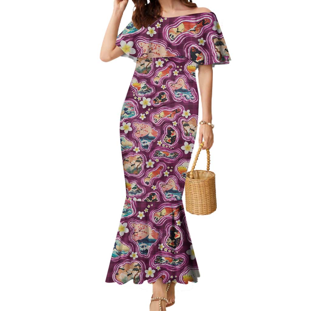 Hawaii Islands Map Design with Japanese Landscape Mermaid Dress Hawaiian Japan Fusion Art Pink Color LT03 Women Pink - Polynesian Pride