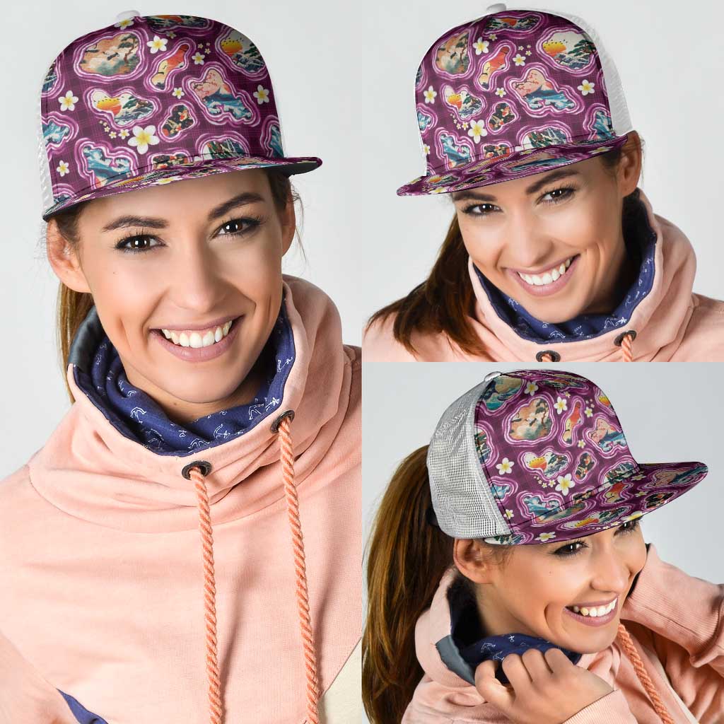 Hawaii Islands Map Design with Japanese Landscape Mesh Trucker Cap Hawaiian Japan Fusion Art Pink Color
