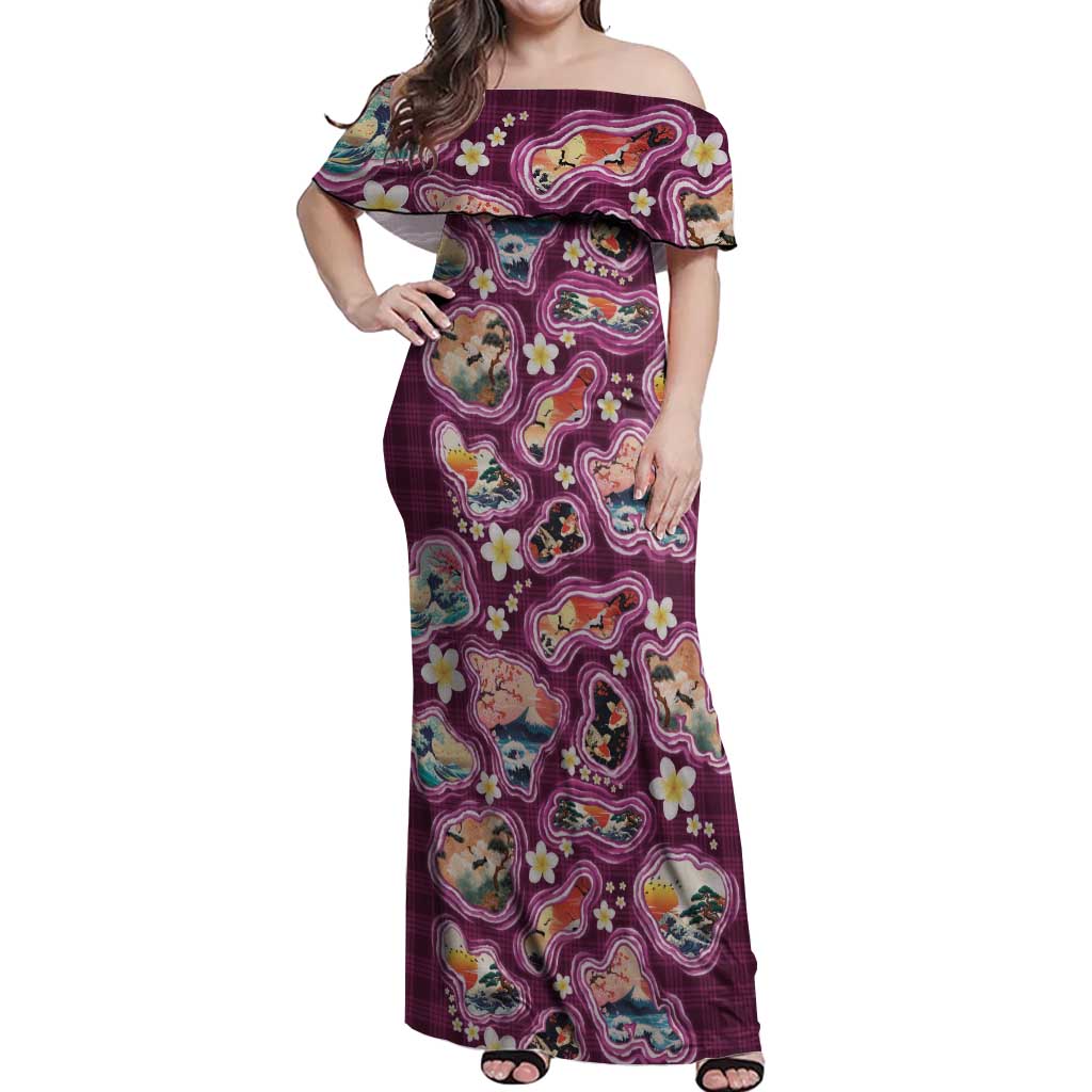 Hawaii Islands Map Design with Japanese Landscape Off Shoulder Maxi Dress Hawaiian Japan Fusion Art Pink Color LT03 Women Pink - Polynesian Pride