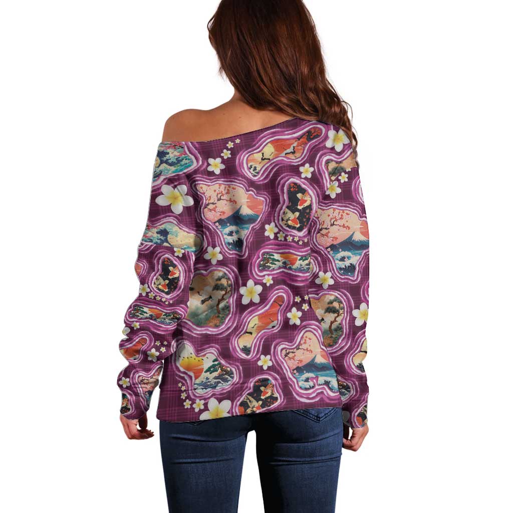 Hawaii Islands Map Design with Japanese Landscape Off Shoulder Sweater Hawaiian Japan Fusion Art Pink Color