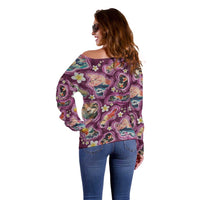 Hawaii Islands Map Design with Japanese Landscape Off Shoulder Sweater Hawaiian Japan Fusion Art Pink Color