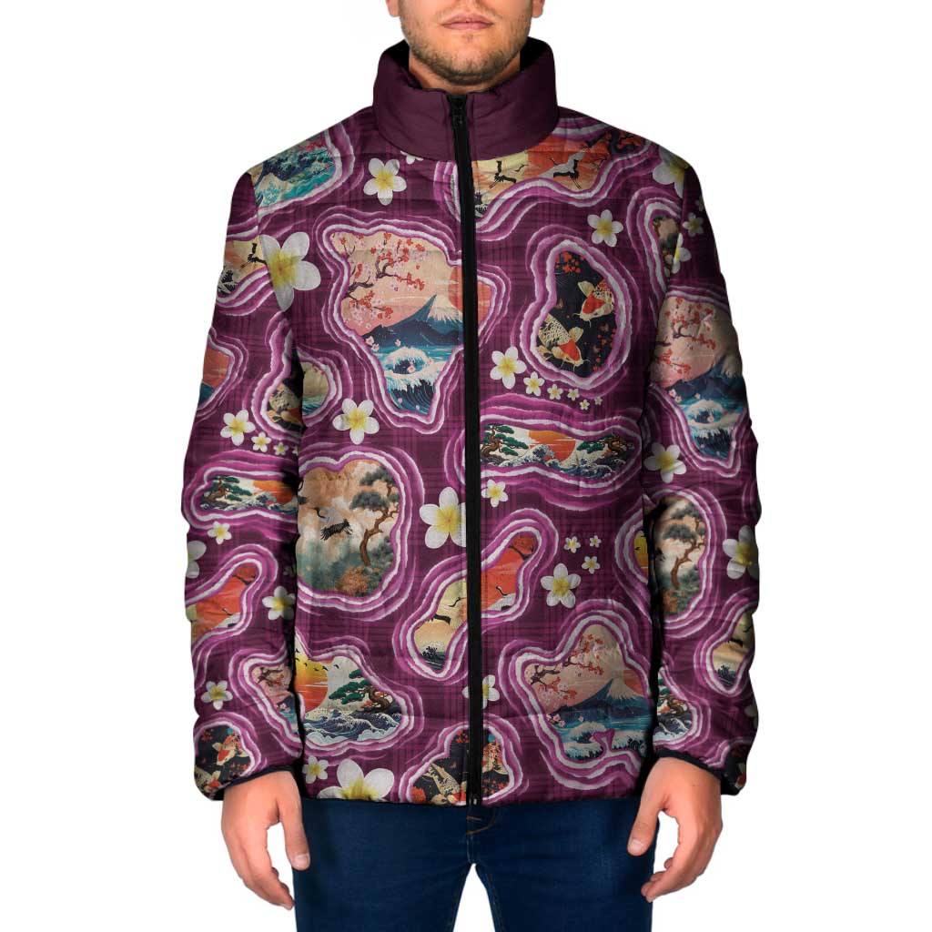 Hawaii Islands Map Design with Japanese Landscape Padded Jacket Hawaiian Japan Fusion Art Pink Color