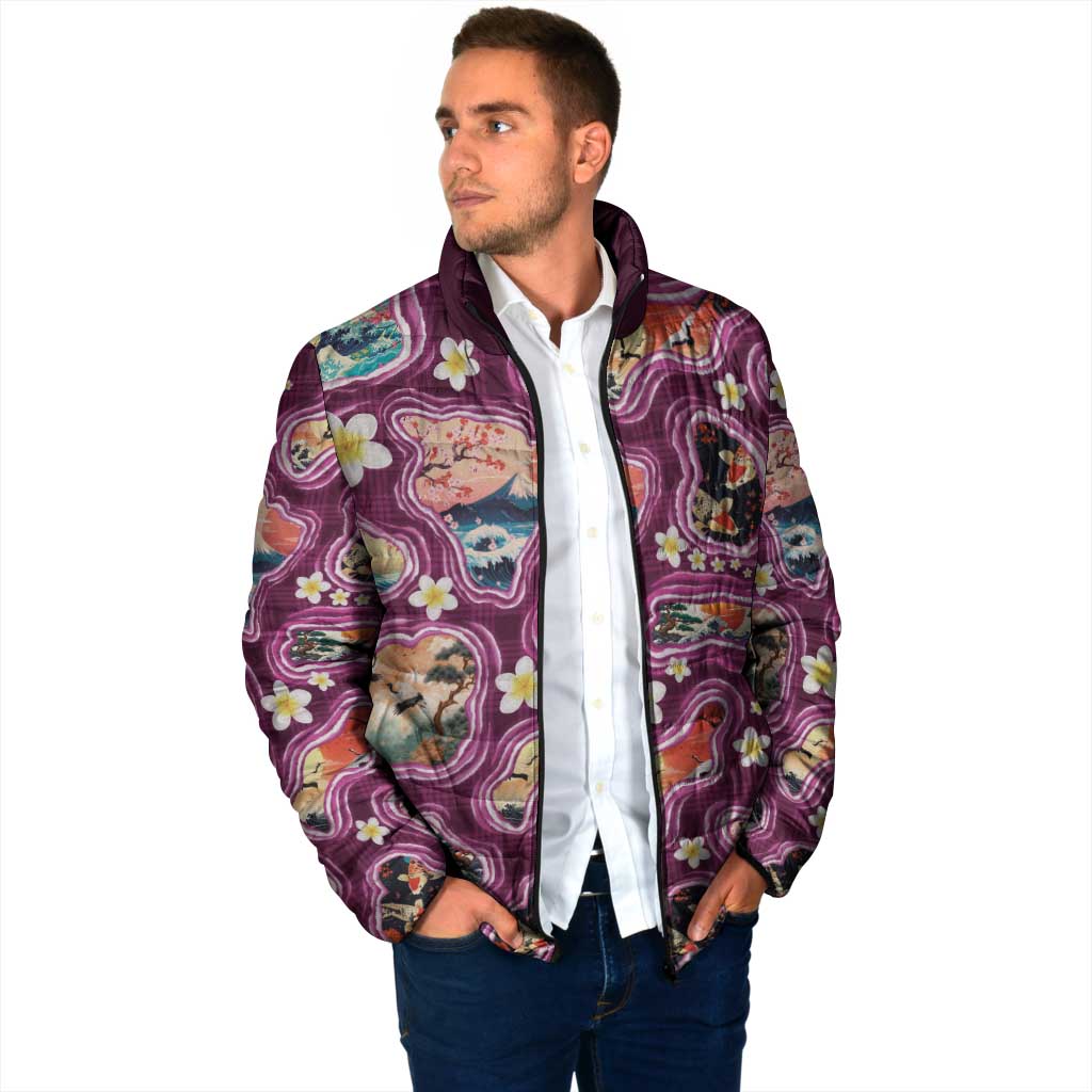 Hawaii Islands Map Design with Japanese Landscape Padded Jacket Hawaiian Japan Fusion Art Pink Color