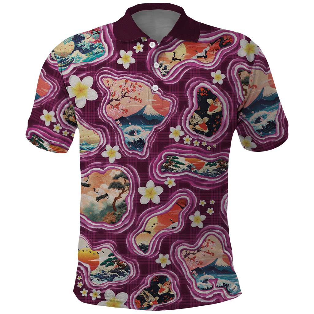 Hawaii Islands Map Design with Japanese Landscape Polo Shirt Hawaiian Japan Fusion Art Pink Color