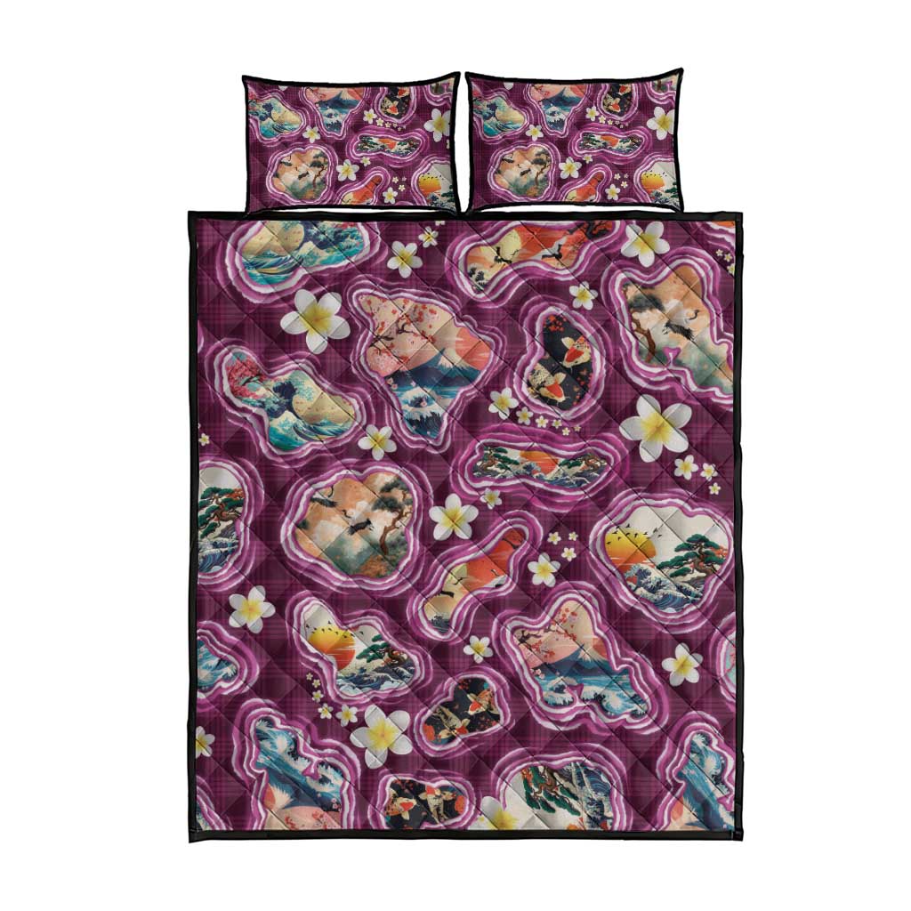 Hawaii Islands Map Design with Japanese Landscape Quilt Bed Set Hawaiian Japan Fusion Art Pink Color
