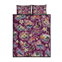 Hawaii Islands Map Design with Japanese Landscape Quilt Bed Set Hawaiian Japan Fusion Art Pink Color