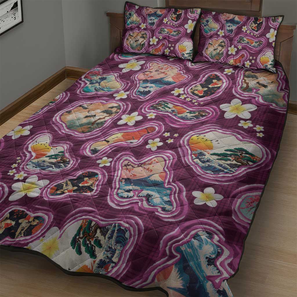 Hawaii Islands Map Design with Japanese Landscape Quilt Bed Set Hawaiian Japan Fusion Art Pink Color
