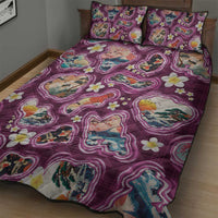 Hawaii Islands Map Design with Japanese Landscape Quilt Bed Set Hawaiian Japan Fusion Art Pink Color
