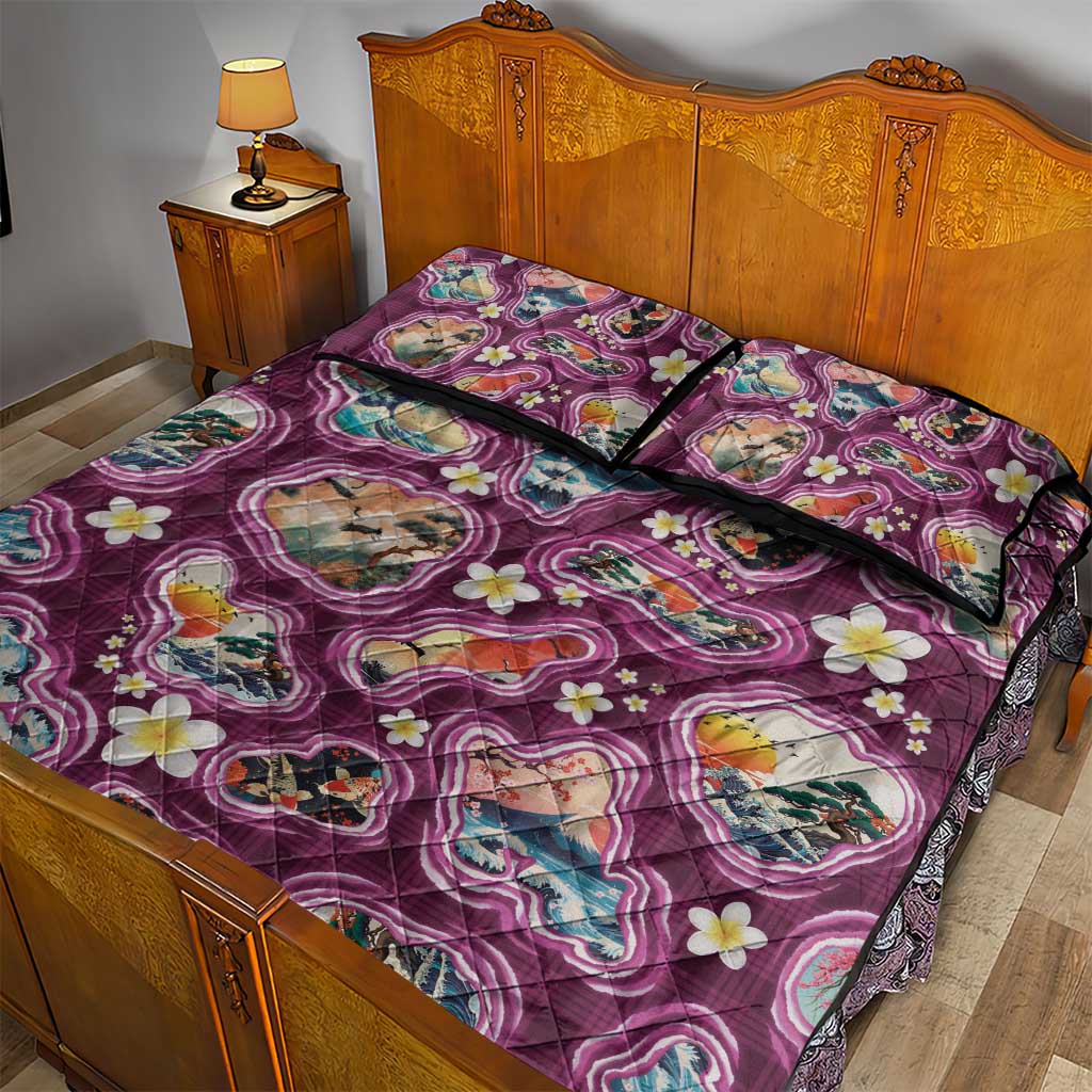 Hawaii Islands Map Design with Japanese Landscape Quilt Bed Set Hawaiian Japan Fusion Art Pink Color