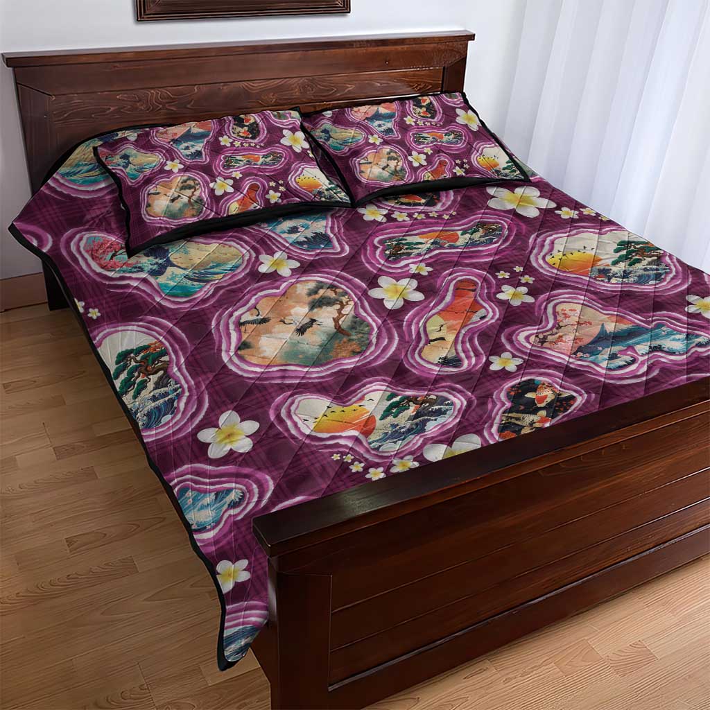 Hawaii Islands Map Design with Japanese Landscape Quilt Bed Set Hawaiian Japan Fusion Art Pink Color