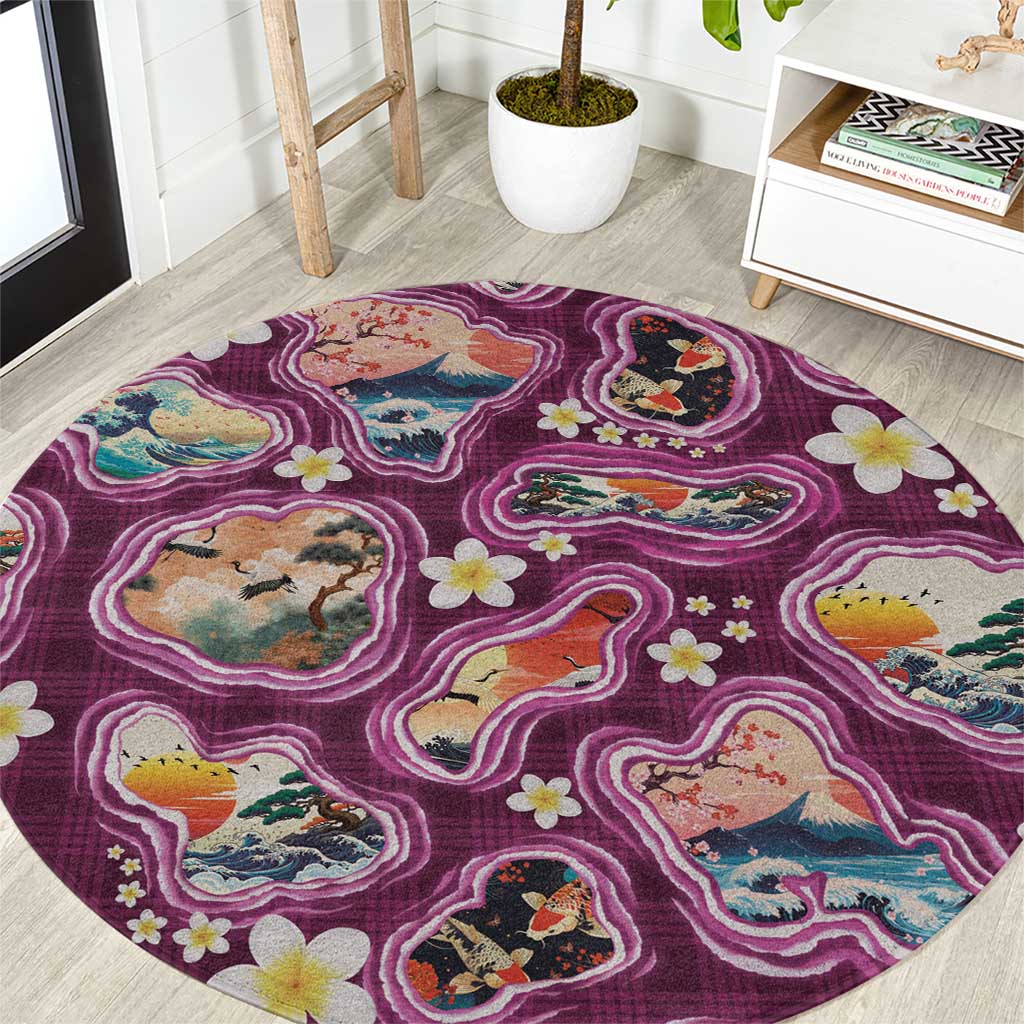 Hawaii Islands Map Design with Japanese Landscape Round Carpet Hawaiian Japan Fusion Art Pink Color