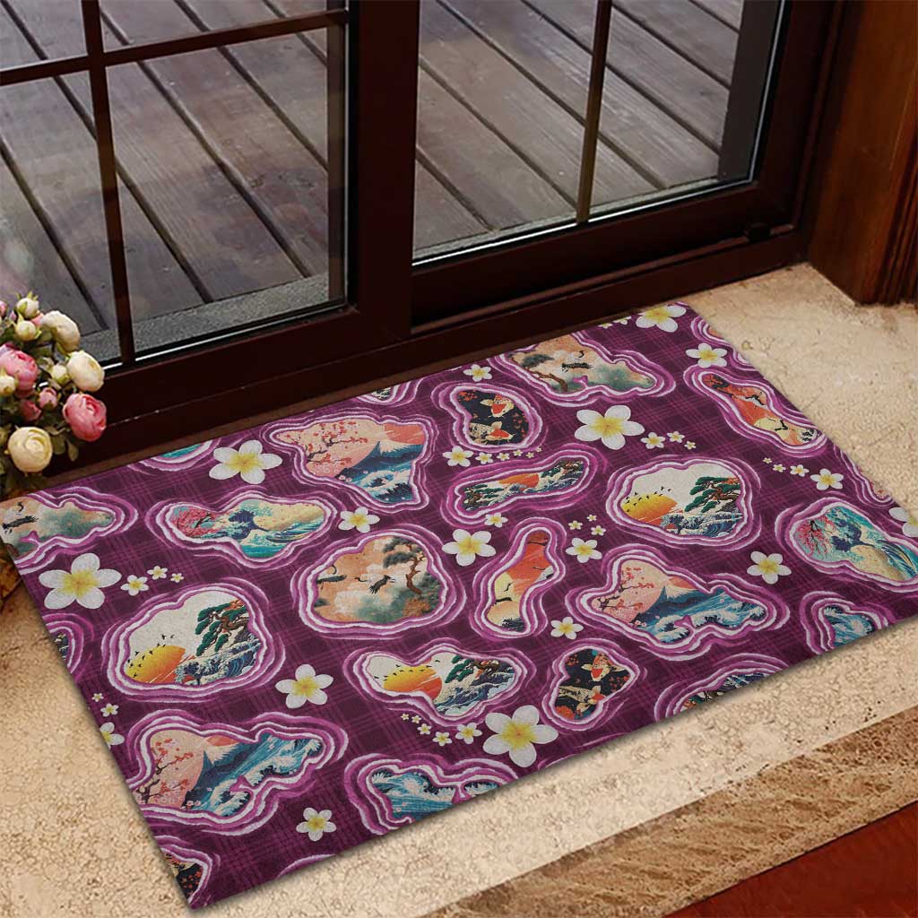 Hawaii Islands Map Design with Japanese Landscape Rubber Doormat Hawaiian Japan Fusion Art Pink Color