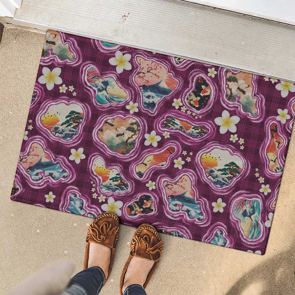 Hawaii Islands Map Design with Japanese Landscape Rubber Doormat Hawaiian Japan Fusion Art Pink Color