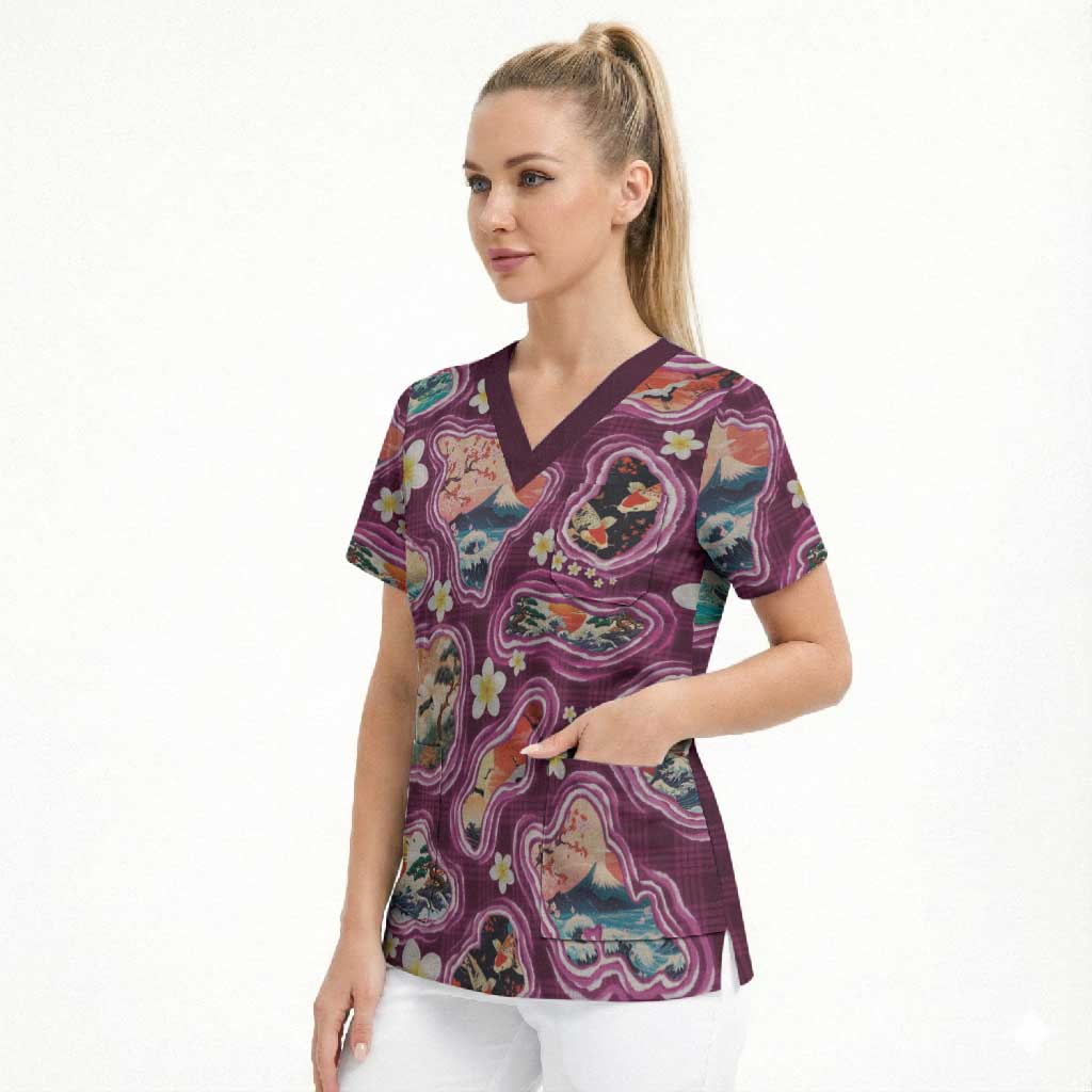 Hawaii Islands Map Design with Japanese Landscape Scrub Top Hawaiian Japan Fusion Art Pink Color
