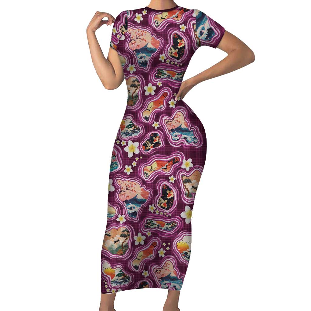 Hawaii Islands Map Design with Japanese Landscape Short Sleeve Bodycon Dress Hawaiian Japan Fusion Art Pink Color