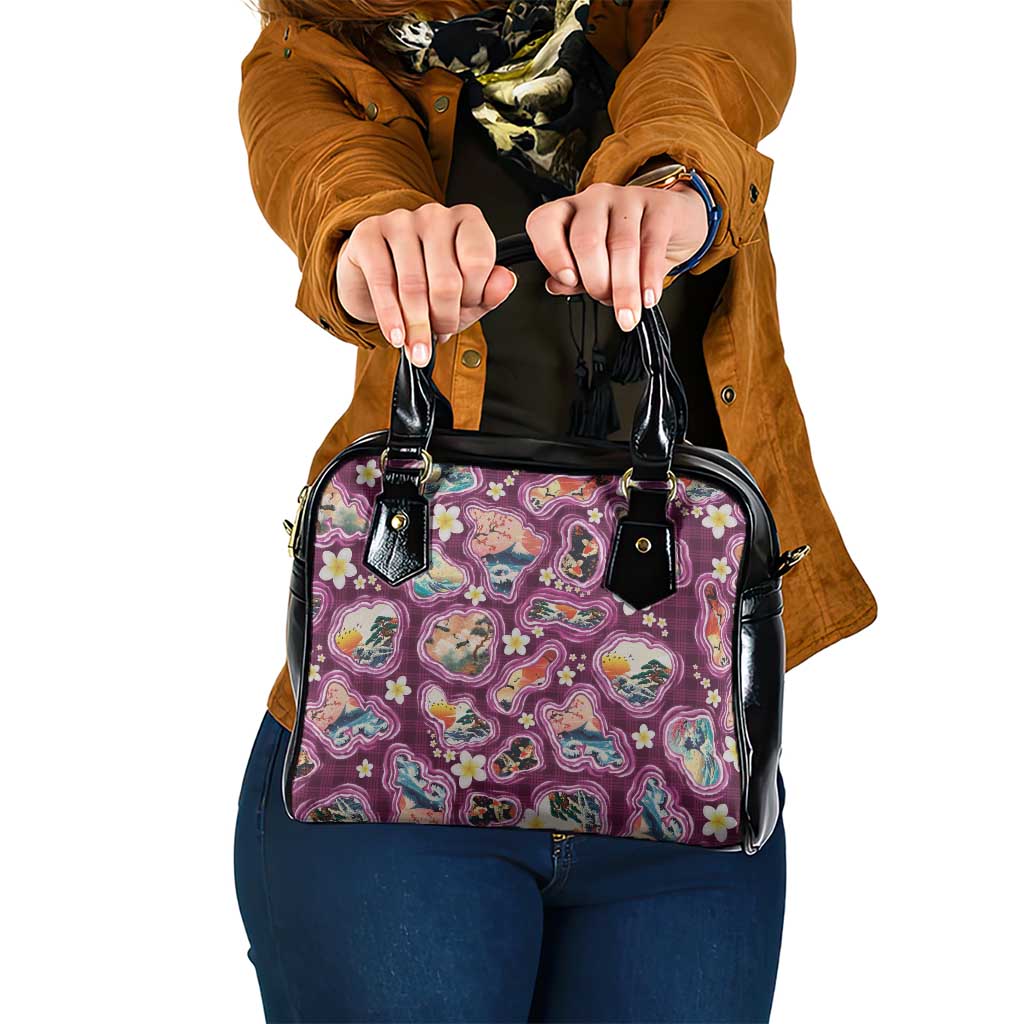Hawaii Islands Map Design with Japanese Landscape Shoulder Handbag Hawaiian Japan Fusion Art Pink Color