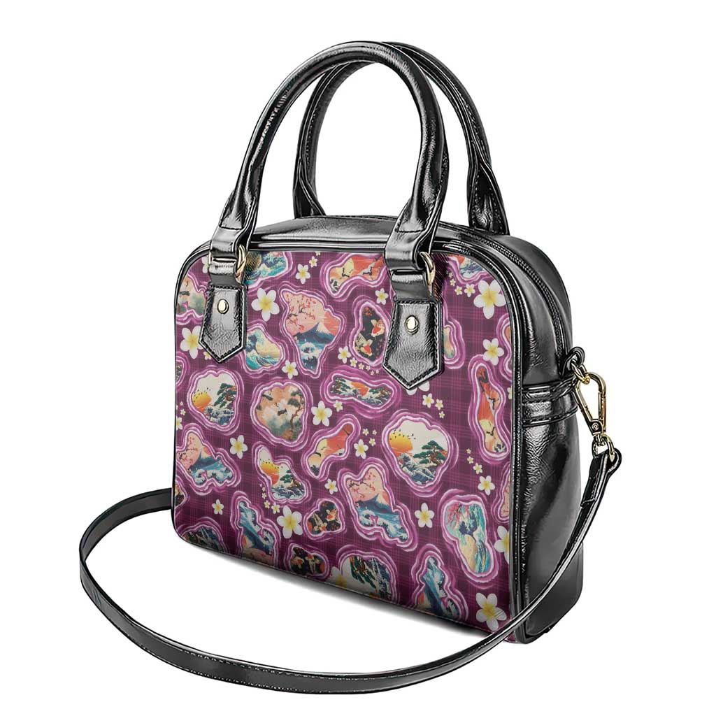 Hawaii Islands Map Design with Japanese Landscape Shoulder Handbag Hawaiian Japan Fusion Art Pink Color