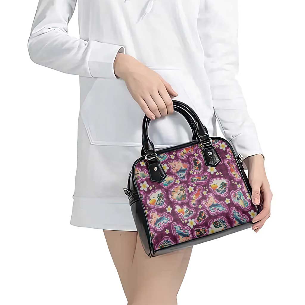 Hawaii Islands Map Design with Japanese Landscape Shoulder Handbag Hawaiian Japan Fusion Art Pink Color
