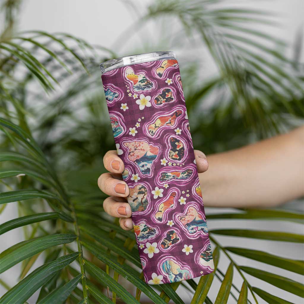 Hawaii Islands Map Design with Japanese Landscape Skinny Tumbler Hawaiian Japan Fusion Art Pink Color LT03 - Polynesian Pride