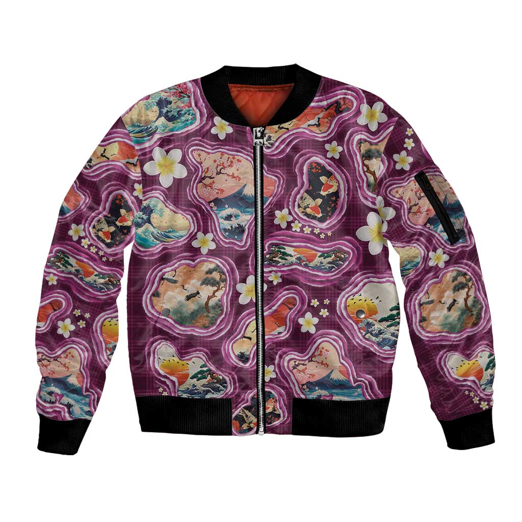 Hawaii Islands Map Design with Japanese Landscape Sleeve Zip Bomber Jacket Hawaiian Japan Fusion Art Pink Color