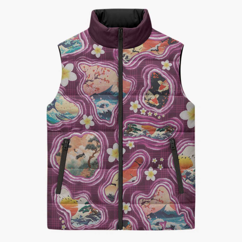 Hawaii Islands Map Design with Japanese Landscape Sleeveless Puffer Jacket Hawaiian Japan Fusion Art Pink Color