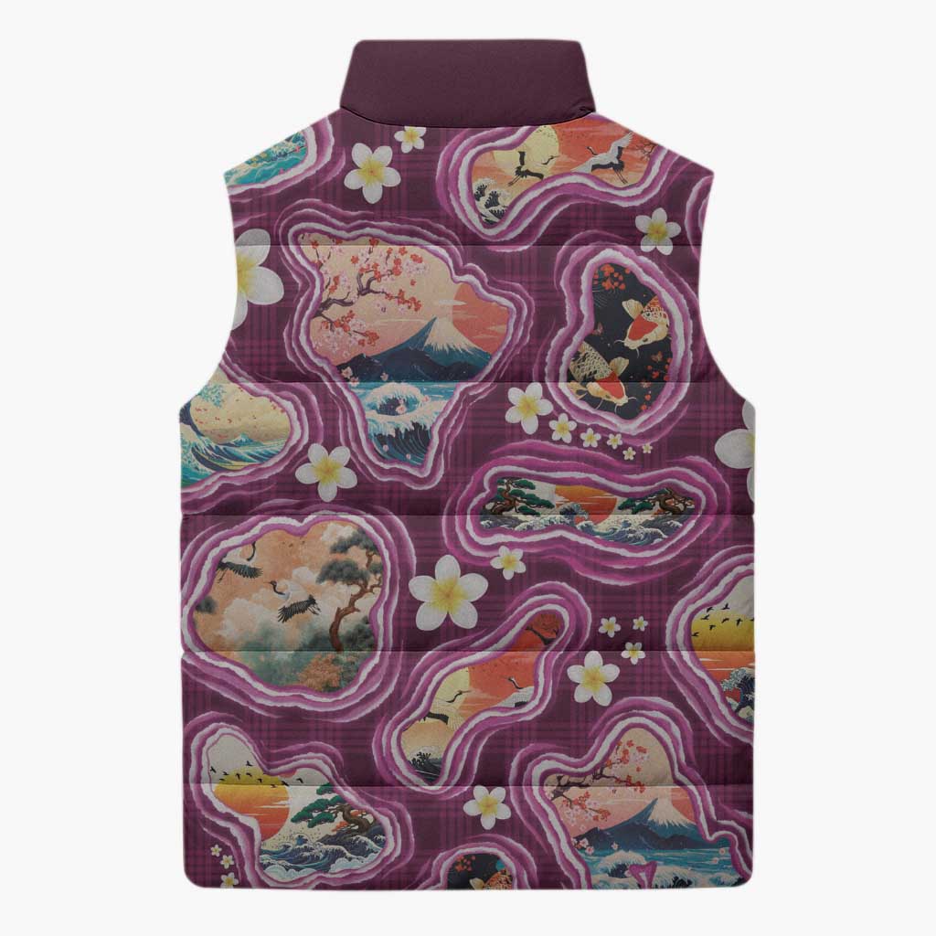 Hawaii Islands Map Design with Japanese Landscape Sleeveless Puffer Jacket Hawaiian Japan Fusion Art Pink Color