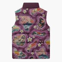 Hawaii Islands Map Design with Japanese Landscape Sleeveless Puffer Jacket Hawaiian Japan Fusion Art Pink Color